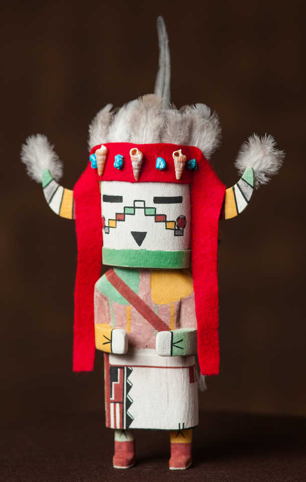 Hopi Konin Supi Kachina / Katsina Doll with shield and feathers